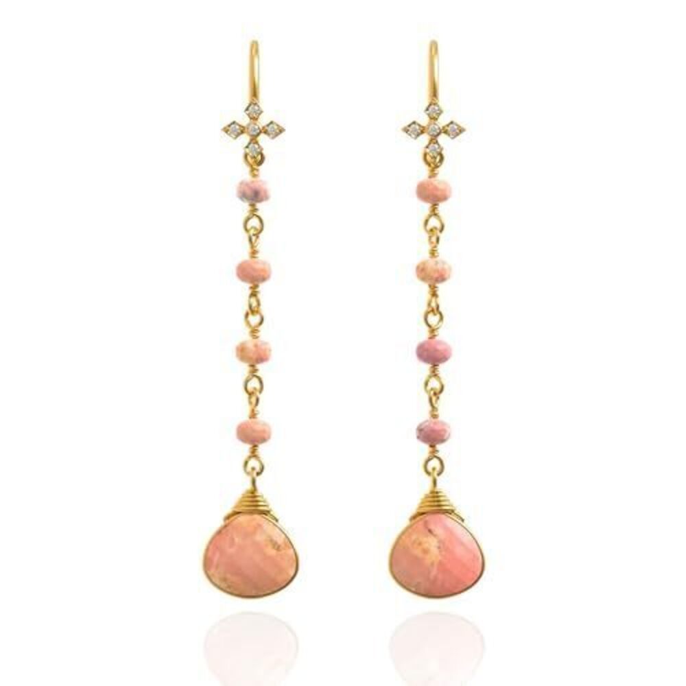 7239 Pink Opal Earrings in Heart Long Dangle Shape - 18K Gold Vermeil